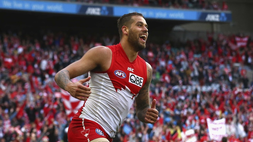 Sydney's Lance Franklin celebrates a goal against Fremantle in the first qualifying final.
