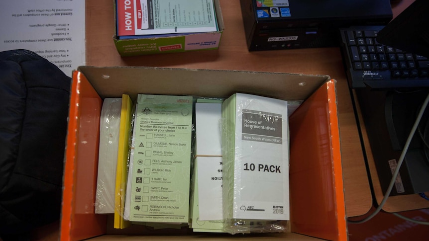 A box of ballot papers at a remote polling place in the Ngaanyatjarra Lands, WA.