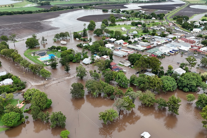 A flooded country town, as seen from above.