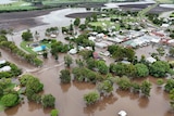 A flooded country town, as seen from above.