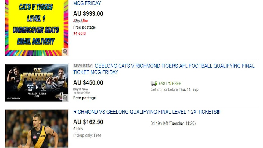 Tickets for Friday's AFL Preliminary Final for sale on eBay.