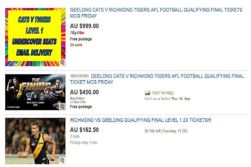 Tickets for Friday's AFL Preliminary Final for sale on eBay.