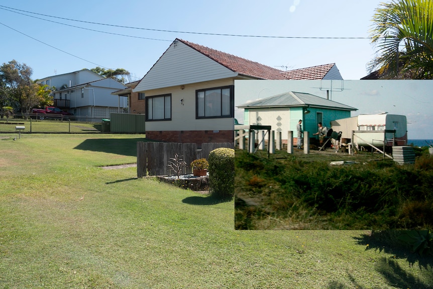 A garage and caravan in 1962 with concrete pillars for a home, overlaid with an image of the build as it stands today.