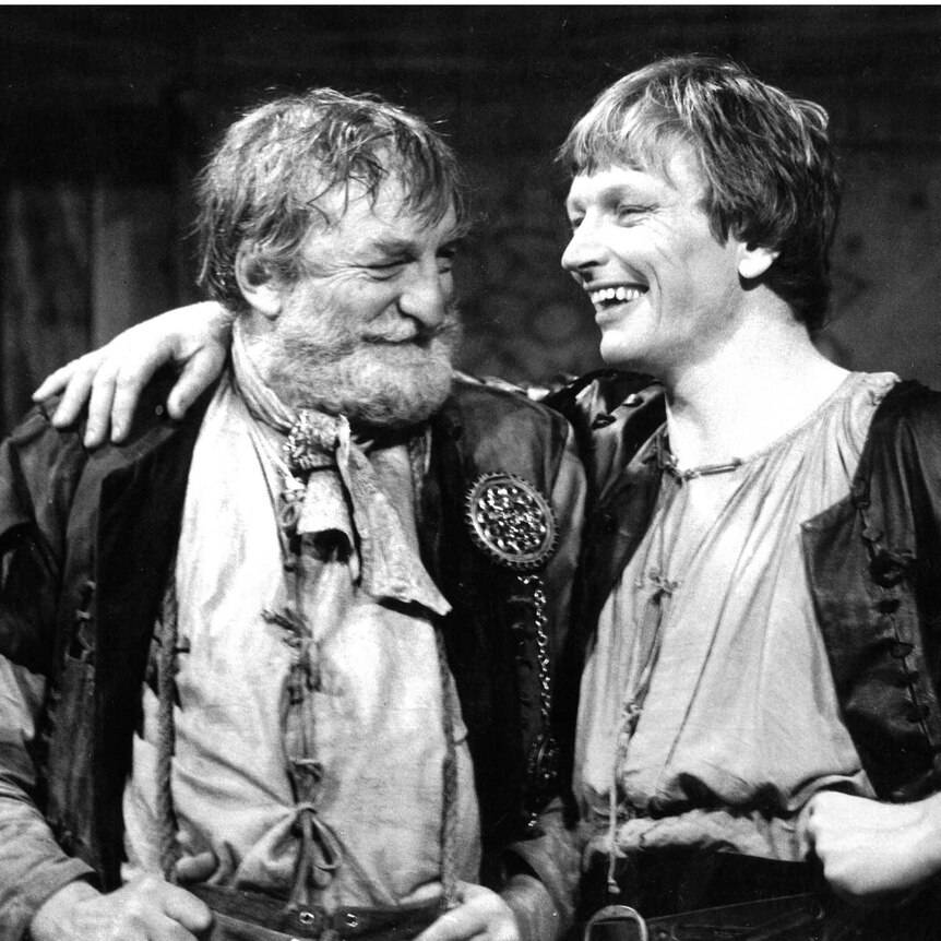 On stage at the Nimrod Theatre in Sydney, NSW, actors Frank Wilson and John Bell are in character sharing a joke.