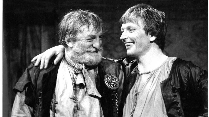 On stage at the Nimrod Theatre in Sydney, NSW, actors Frank Wilson and John Bell are in character sharing a joke.