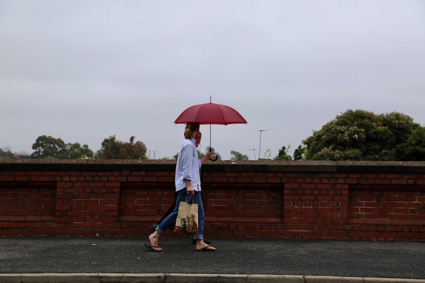 Women walk along the sidewalk chatting with a red umbrella shared between them.