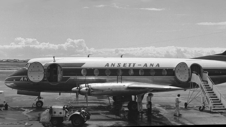 A Vickers Viscount plane on the tarmac in the livery of TAA.