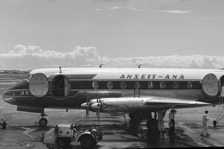 A Vickers Viscount plane on the tarmac in the livery of TAA.