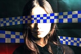 A graphic shows police tape strewn across the eyes of a woman with brown hair