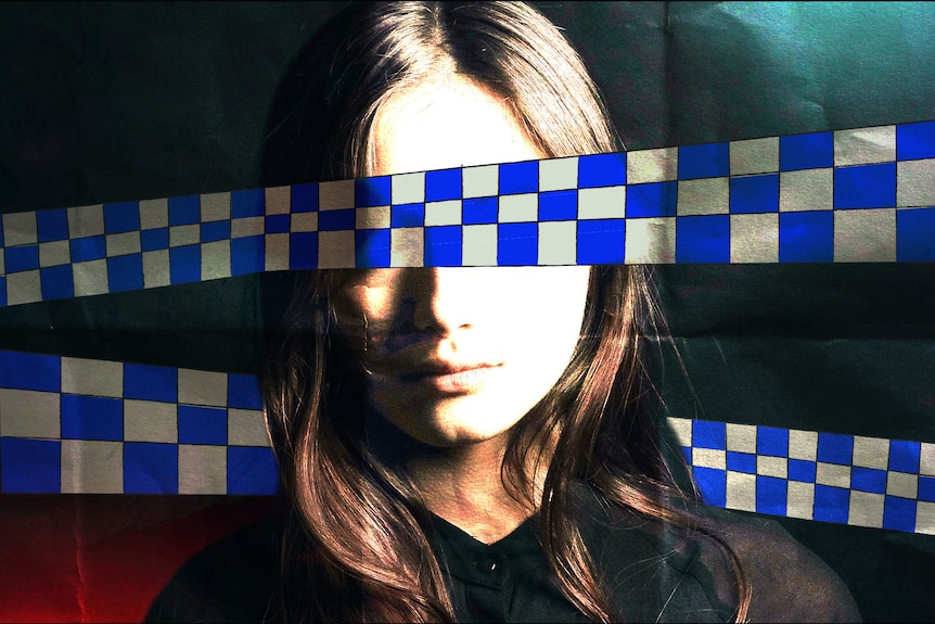 A graphic shows police tape strewn across the eyes of a woman with brown hair