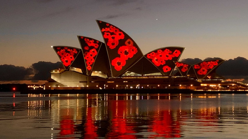 The Sydney Opera House, white sails, at dawn with big red poppies projected onto it