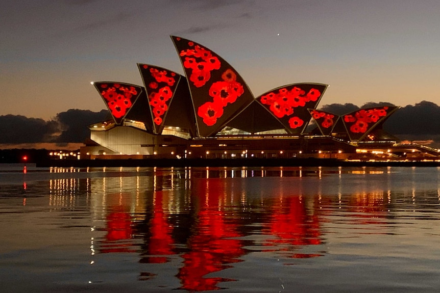 The Sydney Opera House, white sails, at dawn with big red poppies projected onto it