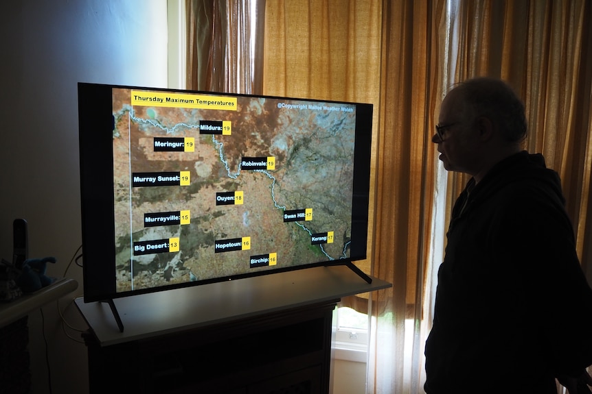 Man watching TV with weather synoptic chart.