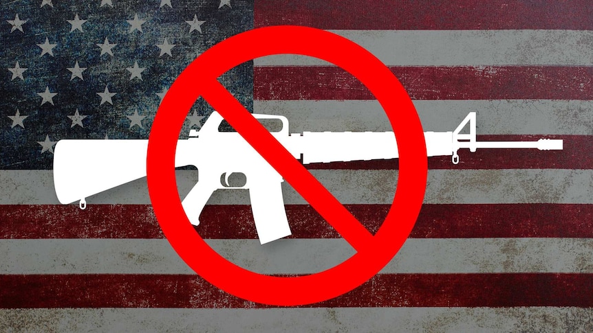 A silhouette of a machine gun with a banned symbol on it. the American flag in the background.
