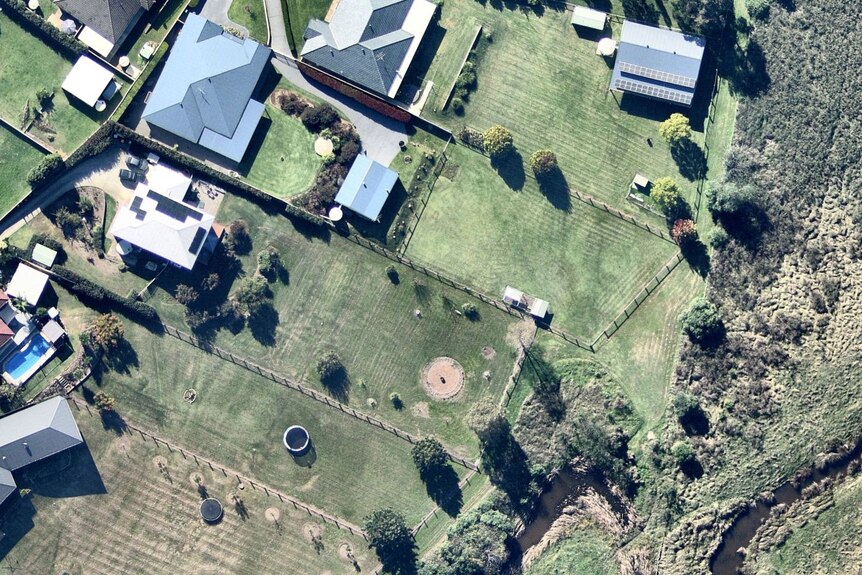 An overhead shot of backyards in Singleton, green with trees