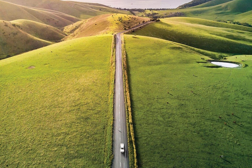 A road along the top of a green hill.