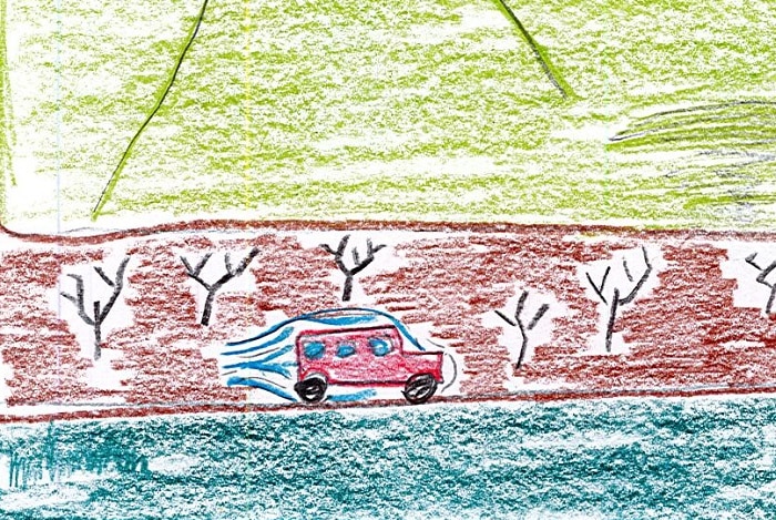 A child's drawing of green hills, red desert and four wheel drive surround by wind pocket suggesting driving fast