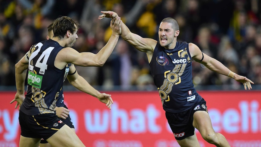 Richmond Tigers celebrate goal against Essendon