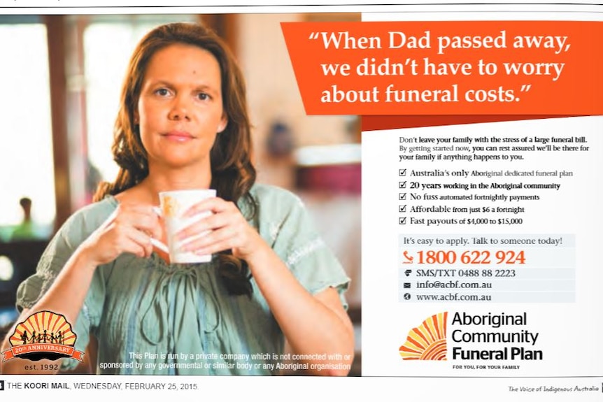 An advertisement for ACBF from 2015 shows an Indigenous woman holding a cup of tea and promotional text.
