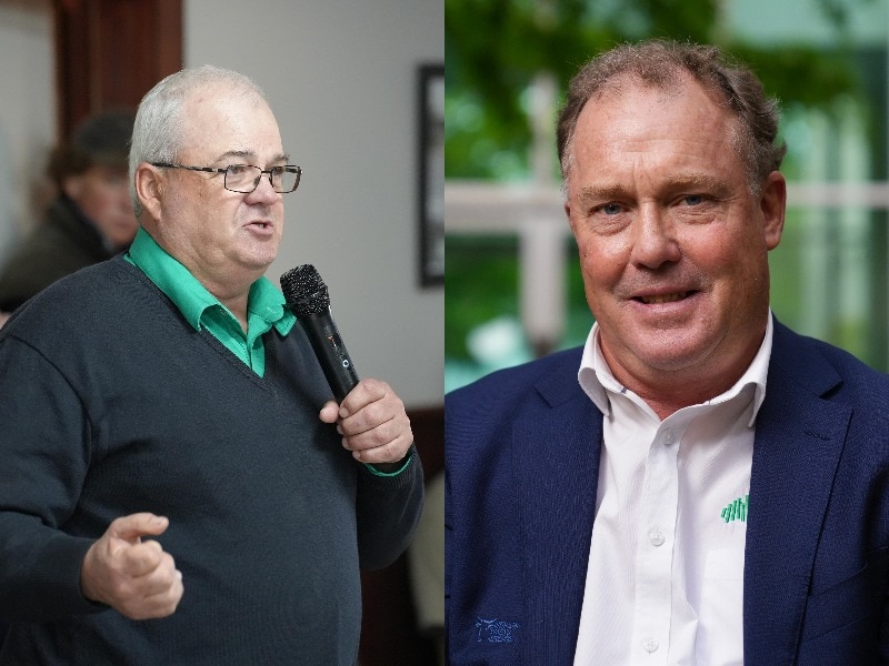 A split image showing a middle-aged man speaking into a microphone and a midddle-aged man in a dark blazer.