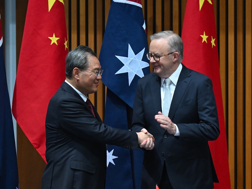 两国总理对记者发表讲话后热情握手。