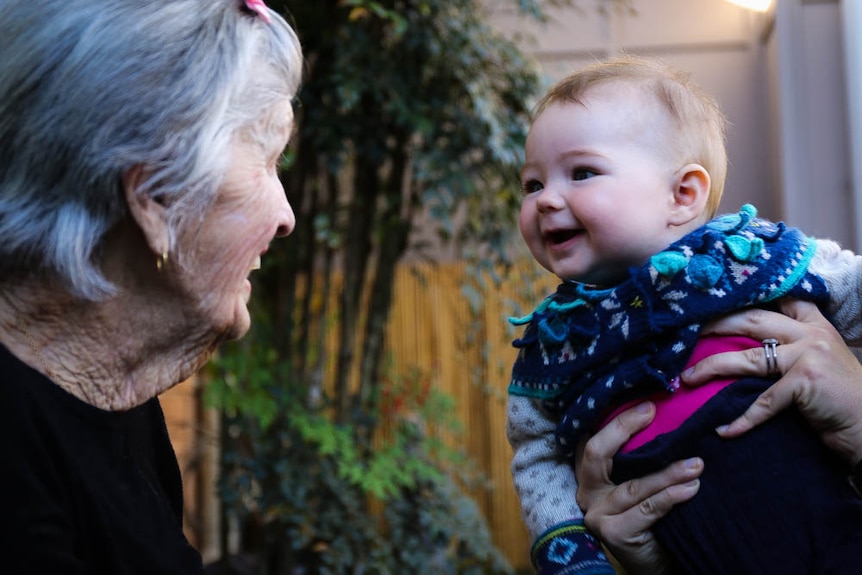 Morleen Templeman and baby Lola Fletcher smiling at each other