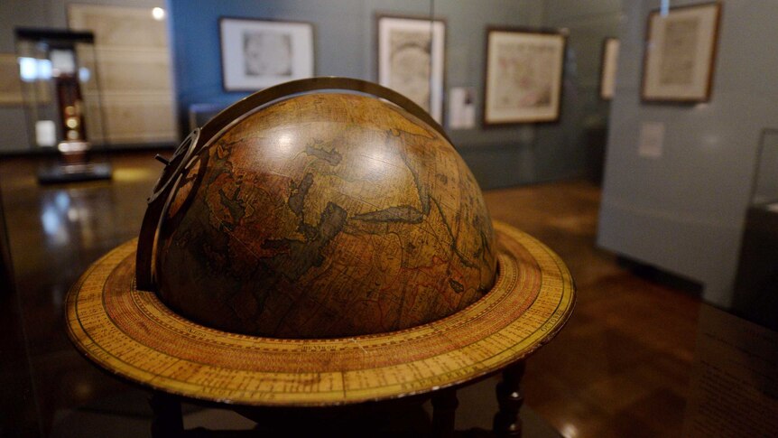 An antique globe on display at the 'Mapping Our World: Terra Incognita to Australia' at the National Library.