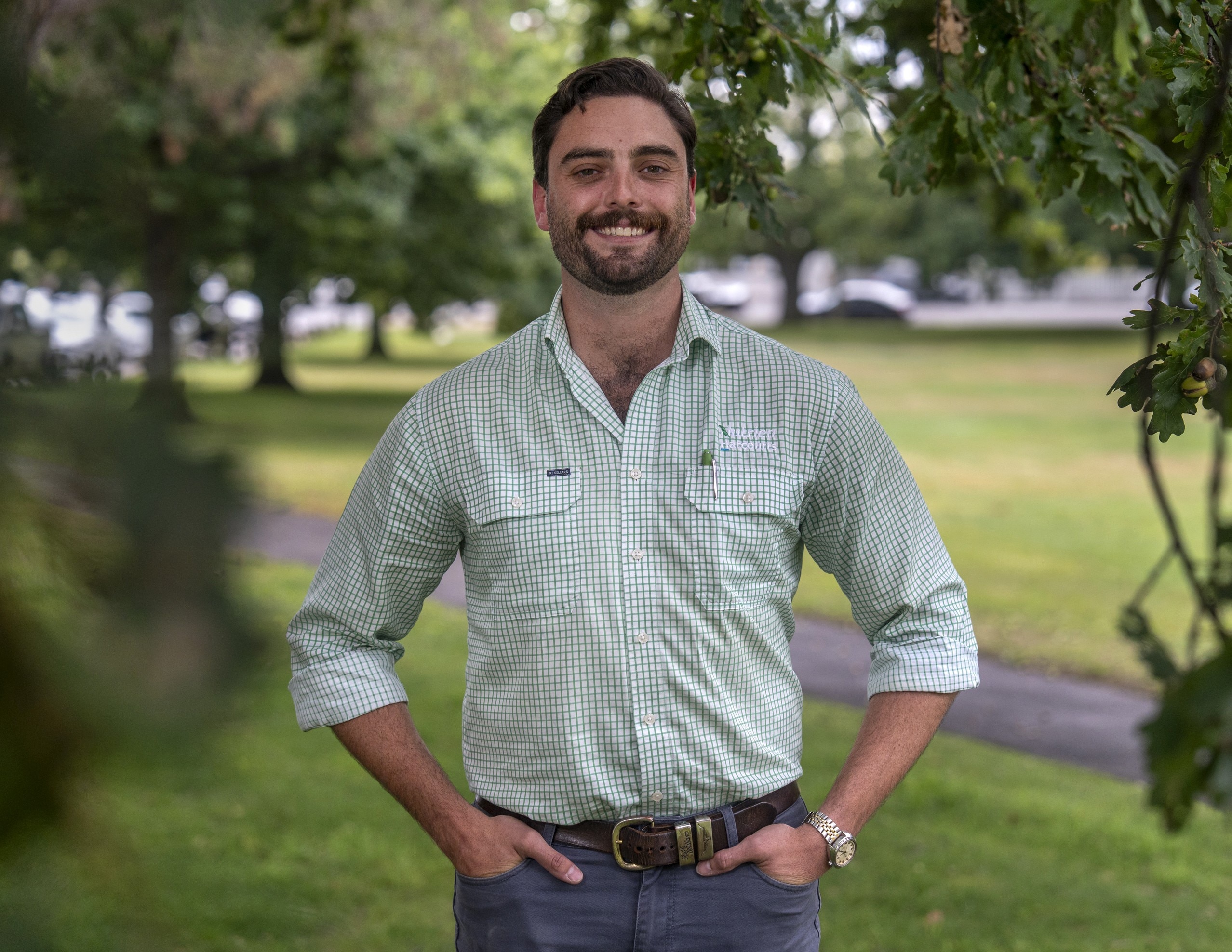 tree species a man stands on green lawn surrounded by oak trees