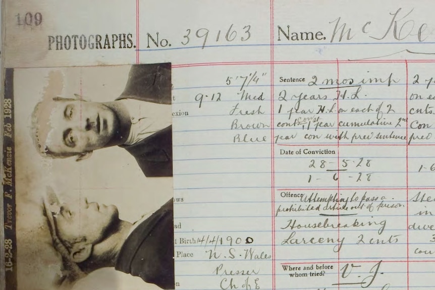 A detail of a scan of an old prison record, including a mug shot and handwritten notes on McKenzie's height, age and offences.