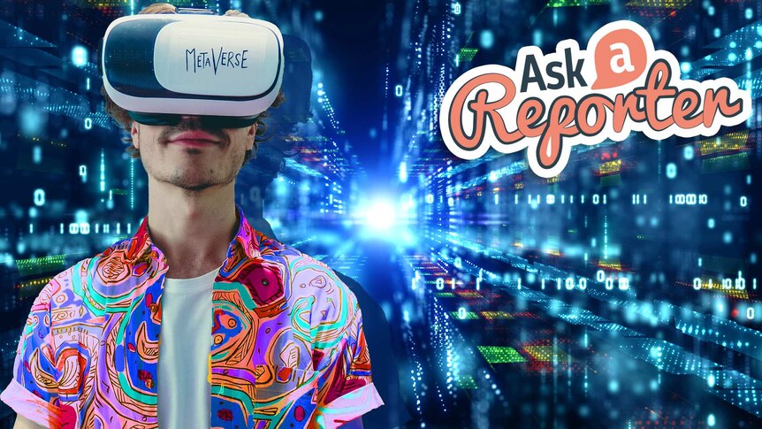 Jack wearing virtual reality goggles. An visualisation of computers and code in the background.