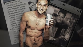 An image of Lincoln Lewis taking a selfie, with text messages and screenshots in the background.