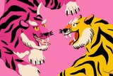 An illustration of a pink and an orange tiger facing each other, against a pink background.