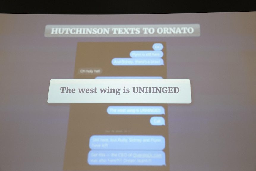 A text message conversation is shown on a screen, with one message highlighted: The west wing is UNHINGED