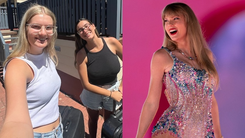 A composite of two girls with suitcases taking a selfie, and a blonde Taylor Swift on stage wearing a sparkly pink body suit.