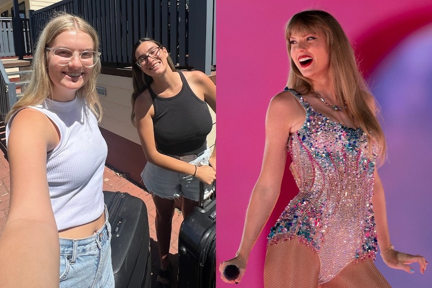 A composite of two girls with suitcases taking a selfie, and a blonde Taylor Swift on stage wearing a sparkly pink body suit.
