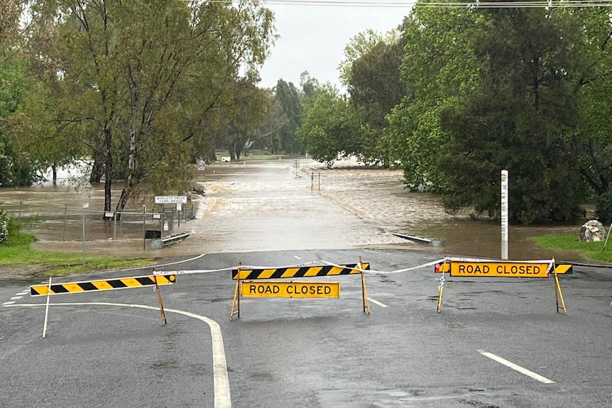 road closed sign in front of a flooded bridge