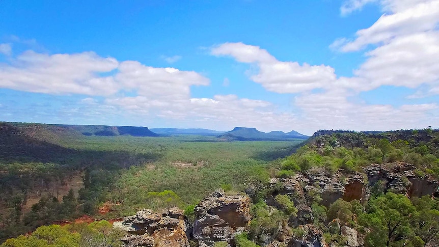 Shot of sandstone cliffs in Expedition National Park stretching to the horizon.