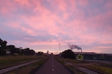 Pink and blue skies over a two way paved path surrounded by grass, industrial smoke in the background.
