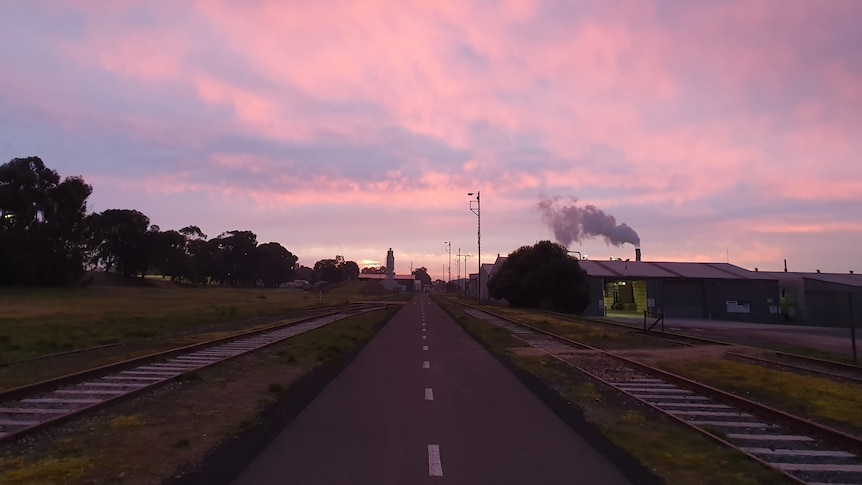 Pink and blue skies over a two way paved path surrounded by grass, industrial smoke in the background.
