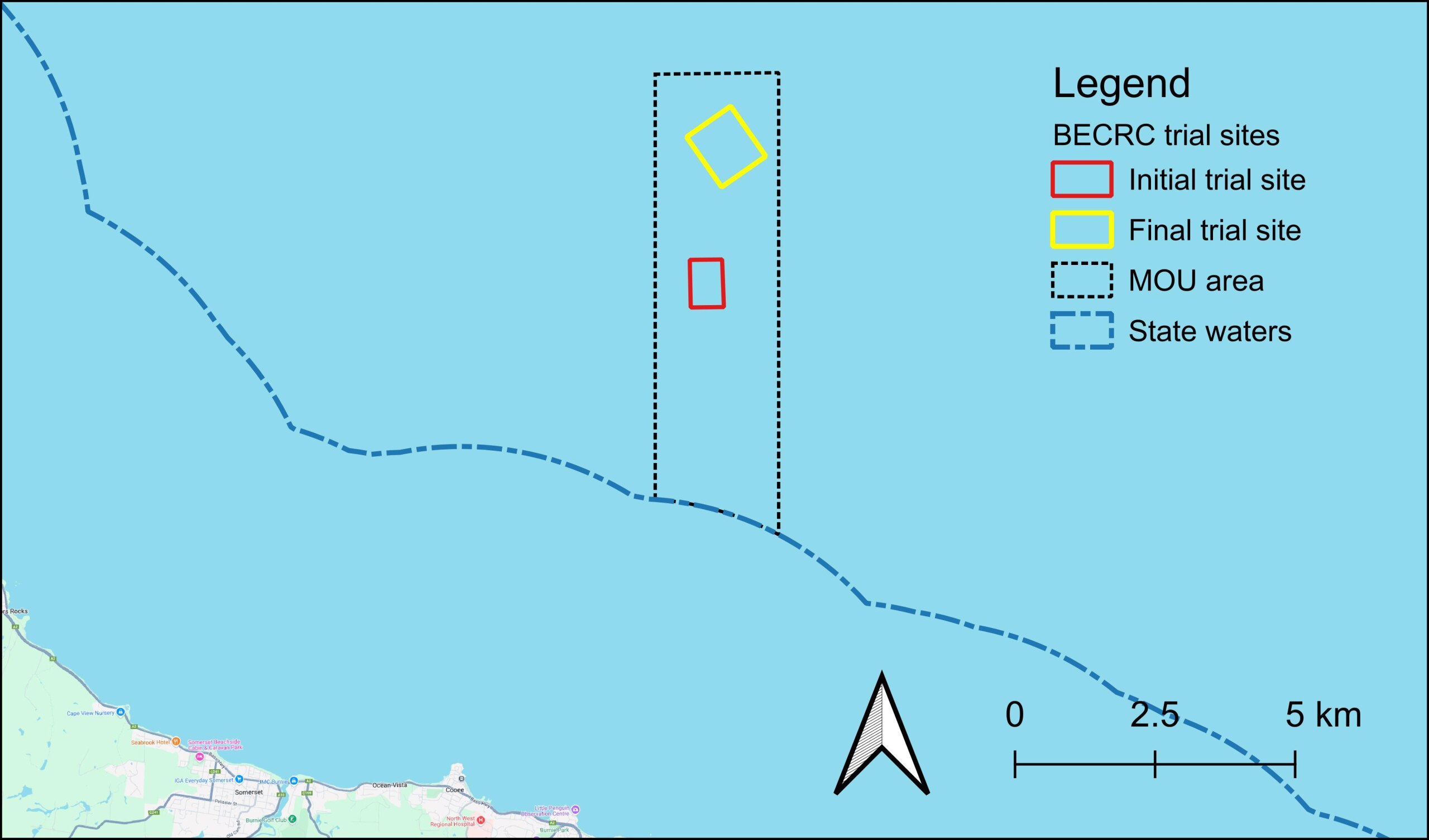 Map of an offshore fish farm trial.