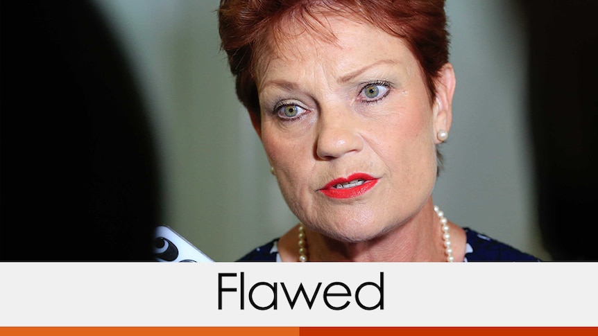 Senator Pauline Hanson with the word "flawed" at the bottom of the image