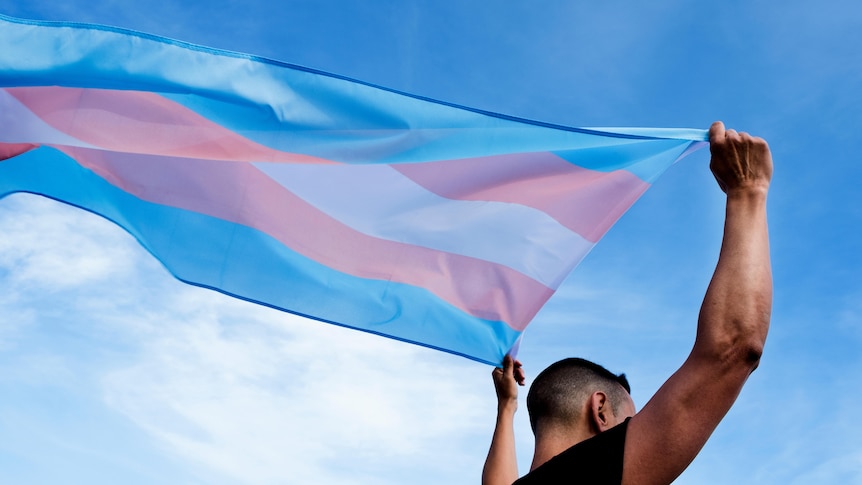 A young person holding trans pride flag.