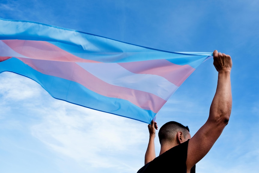 A young person holding trans pride flag.