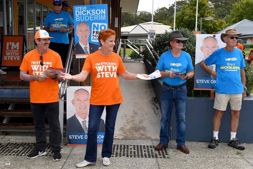 One Nation founder Pauline Hanson greeting voters in Buderim