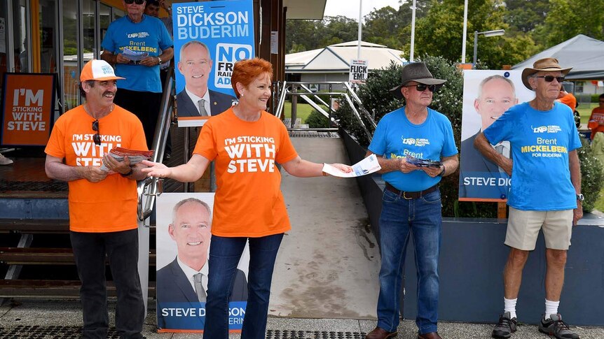 One Nation founder Pauline Hanson greeting voters in Buderim