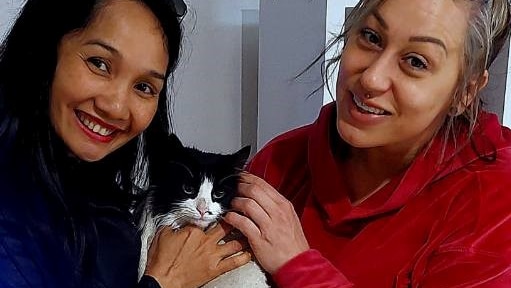 two women cuddling a black and white cat in a blanket