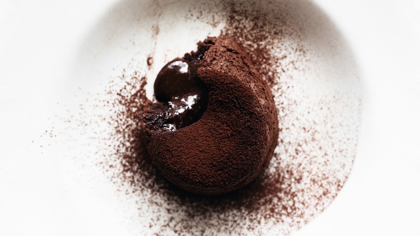 An individual chocolate pudding with a melted chocolate middle, topped with cocoa powder, a simple make at home dessert.