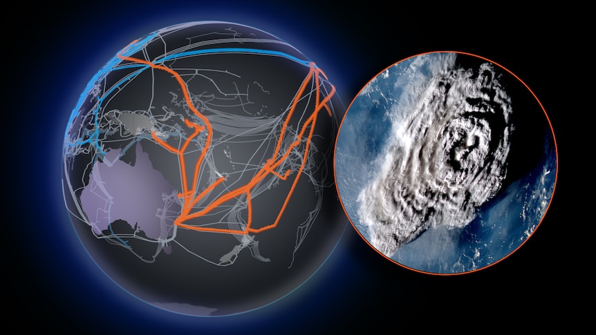  A vector illustration of a spherical glowing 3D world map next to a circular satellite photo of plume of ash over ocean.