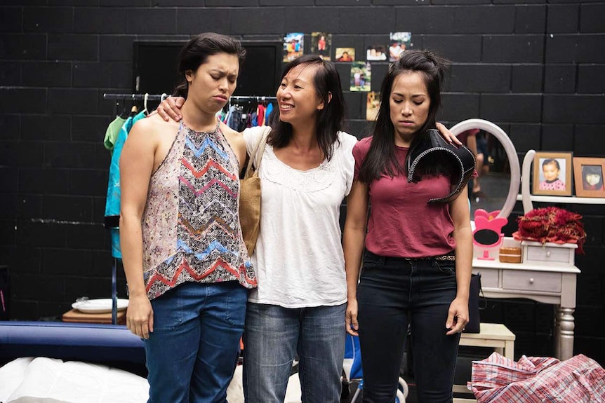 Alex Lee, Hsiao-Ling Tang and Courtney Stewart during rehearsals of Single Asian Female in Brisbane