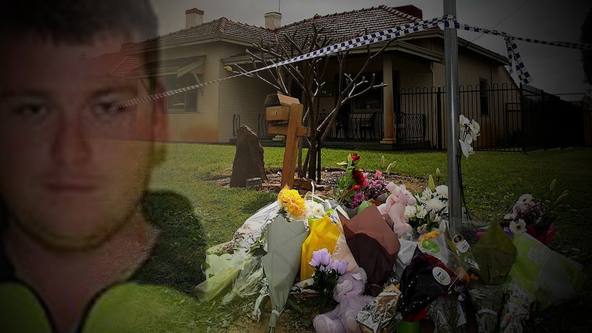 A house with flowers out the front and a man's face superimposed over the top.